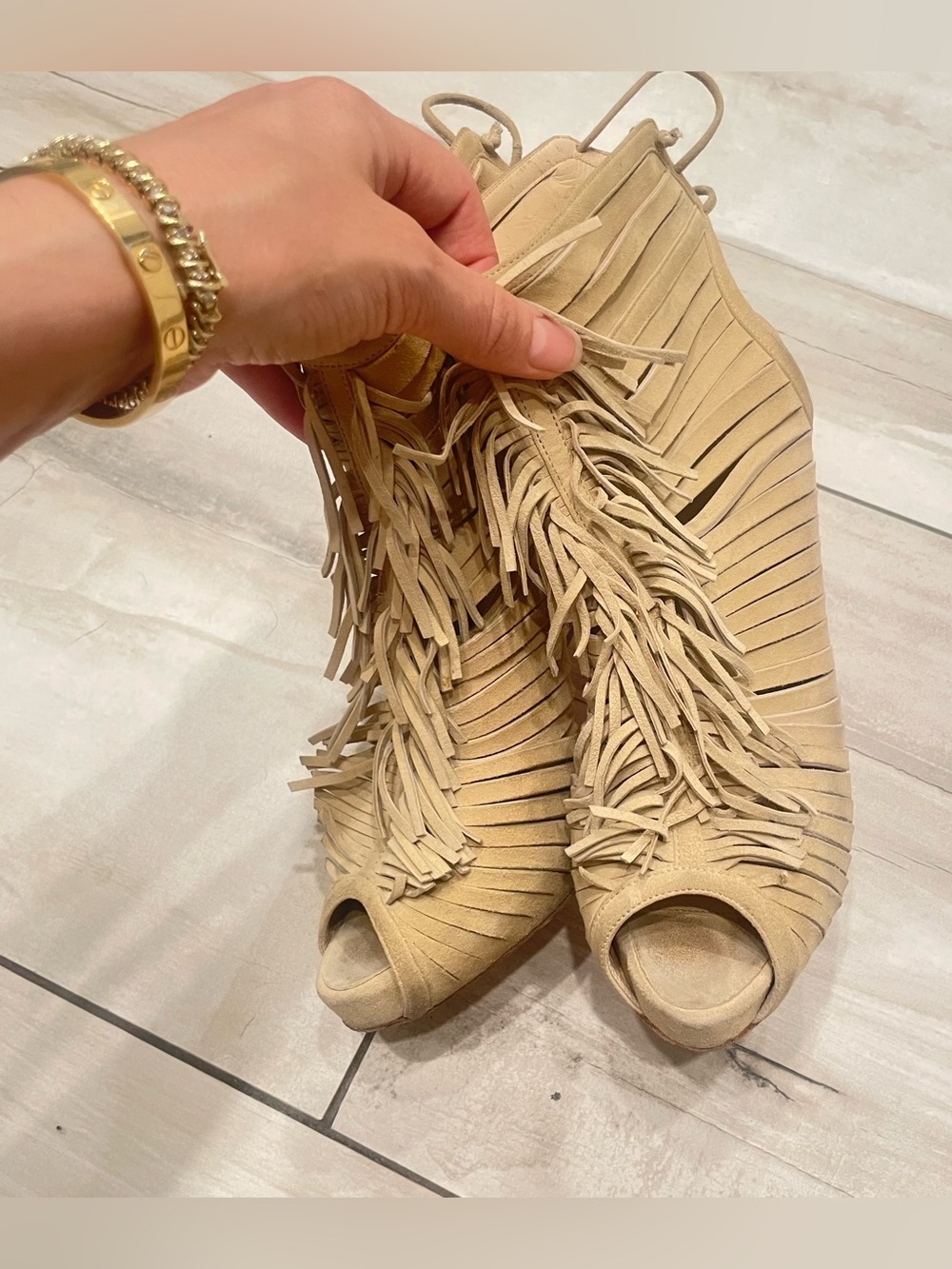Christian Louboutin Deva nude fringe suede platform heels 38.5 7.5 8 - Picture 9 of 16